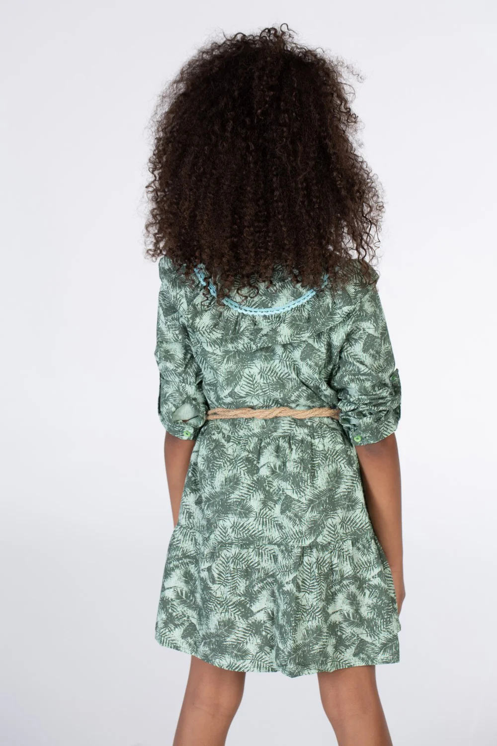 Girls Green Floral Dress With A Belt At The Waist And A Collar With Colorful Buttons On The Front - Image 2