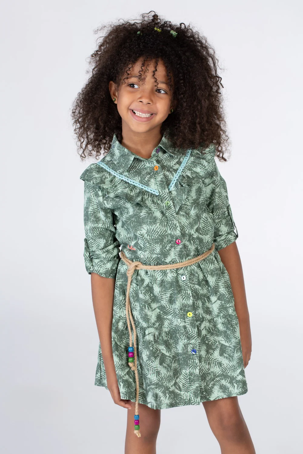 Girls Green Floral Dress With A Belt At The Waist And A Collar With Colorful Buttons On The Front - Image 3