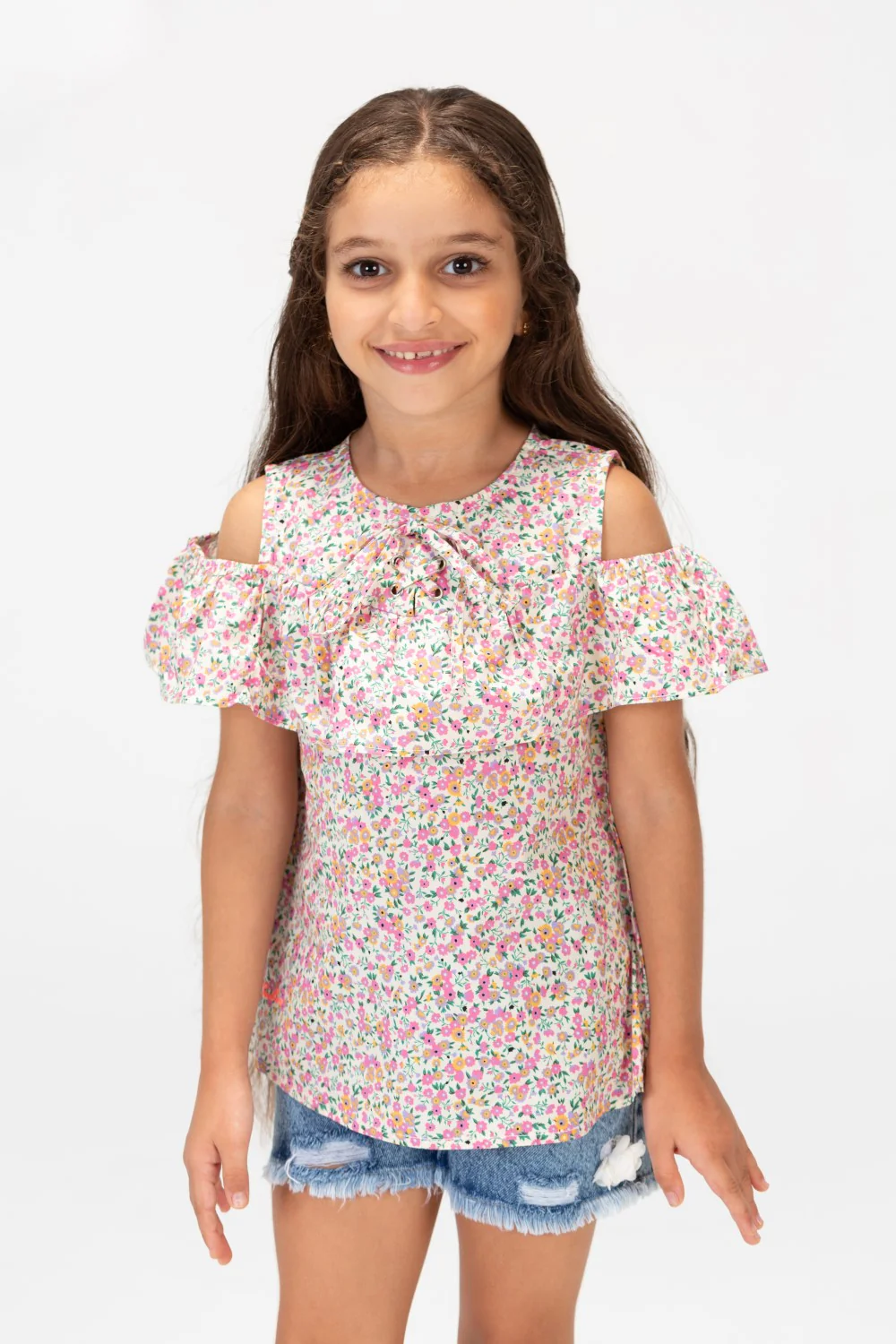 Girls Half Sleeved Off Shoulder Blouse Printed With Flowers Rose - Image 3