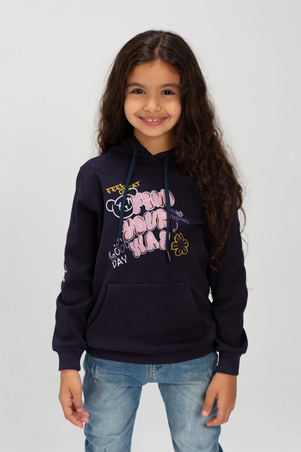 Girl's Hooded Crew Neck Long Sleeves Front Printed Padded Sweatshirt - Image 6