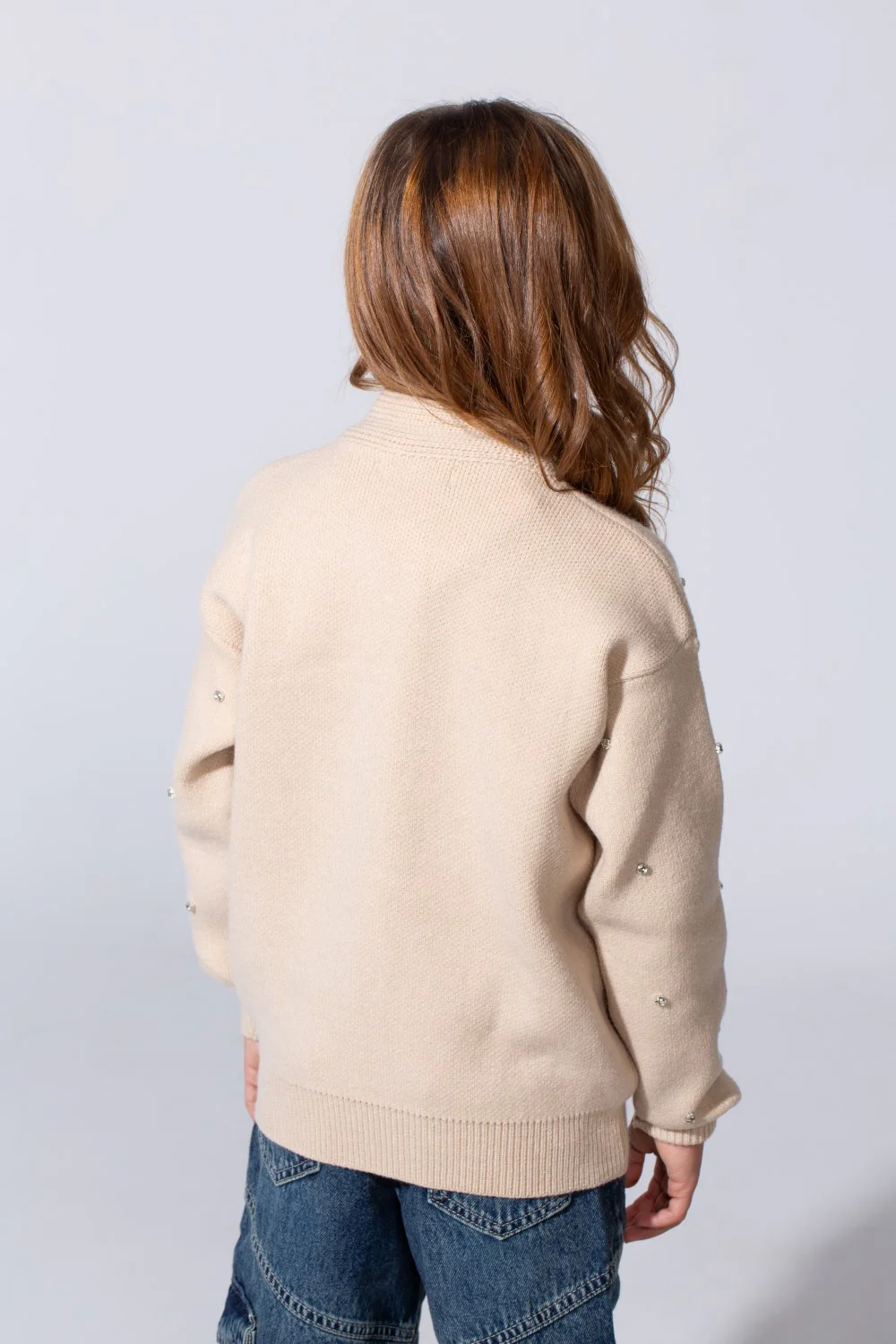 Girl's Knitted Zipper Pullover With Rhinestones And Side Pockets - Image 2