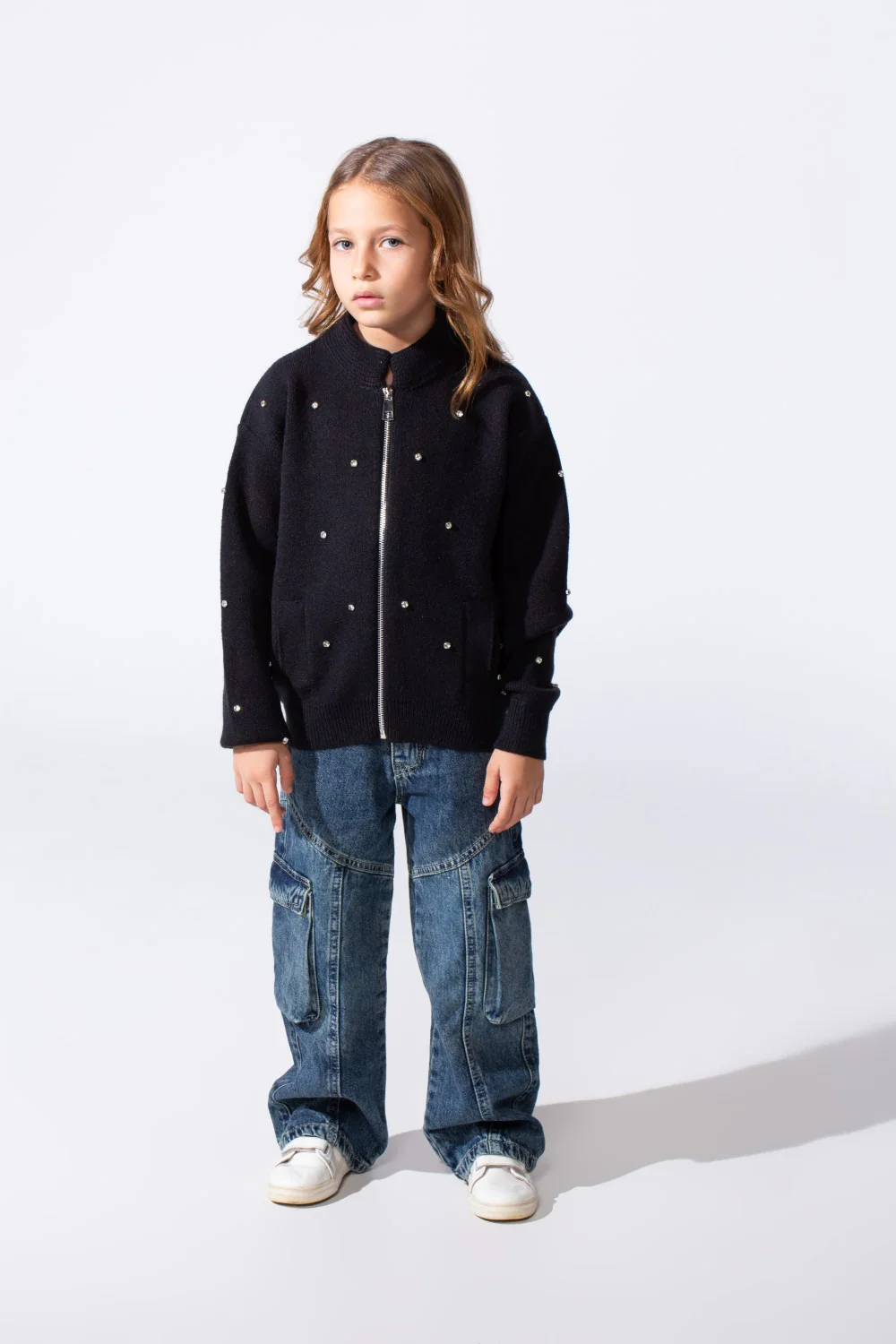Girl's Knitted Zipper Pullover With Rhinestones And Side Pockets - Image 8