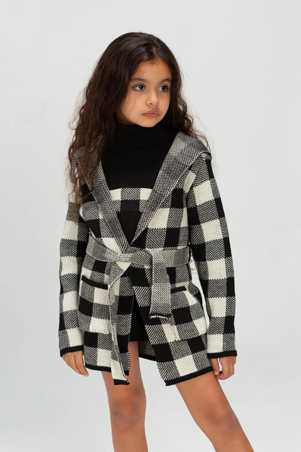Girl's Long Basic Regular Fit High Neck Checked Outfit With Unqiue Design - Image 4