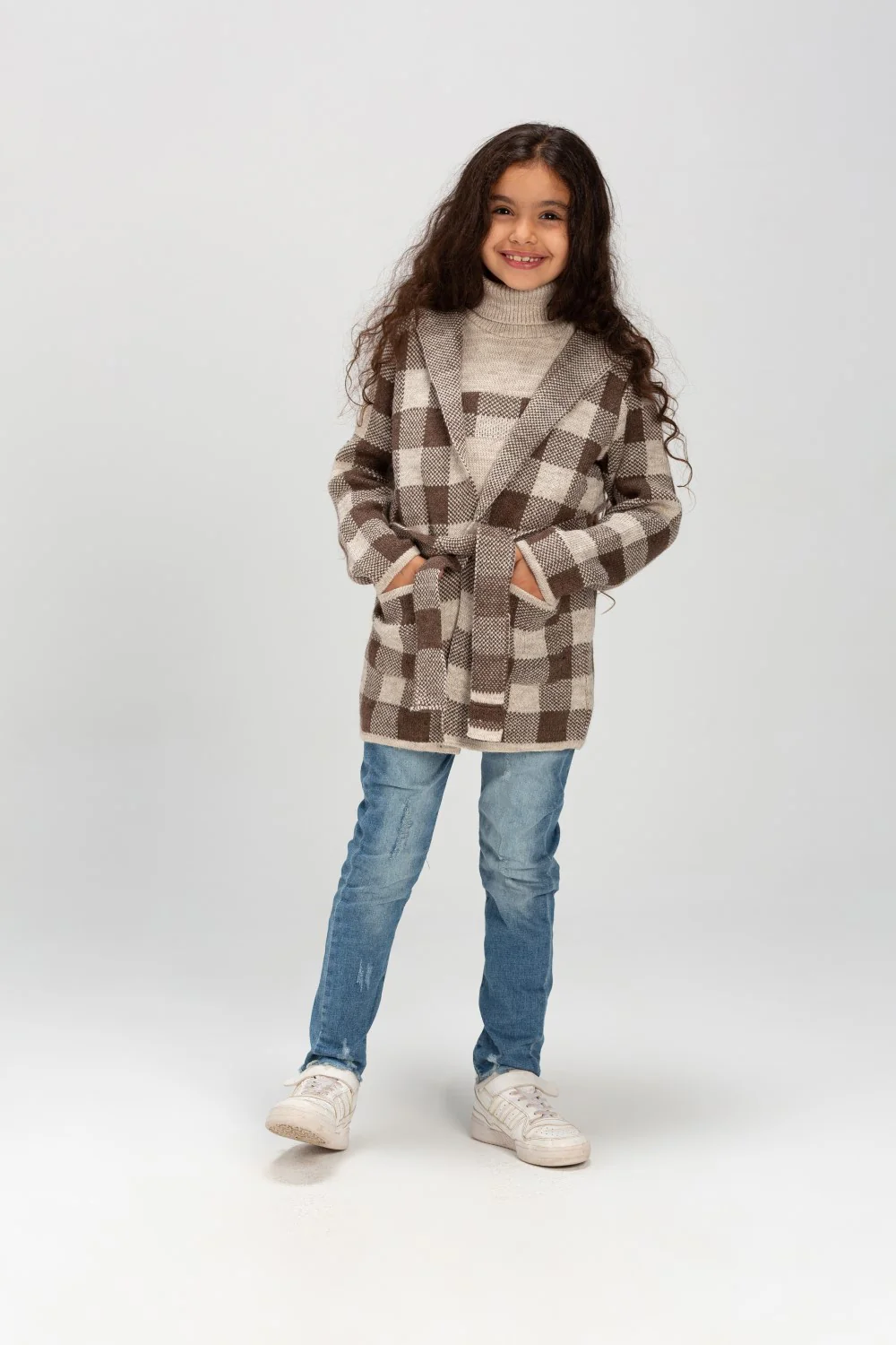 Girl's Long Basic Regular Fit High Neck Checked Outfit With Unqiue Design - Image 5