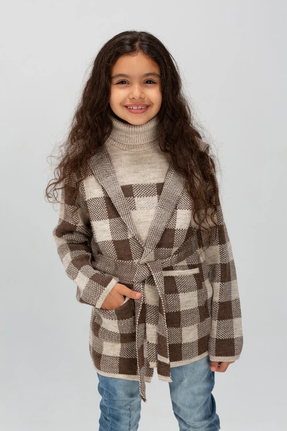Girl's Long Basic Regular Fit High Neck Checked Outfit With Unqiue Design - Image 7