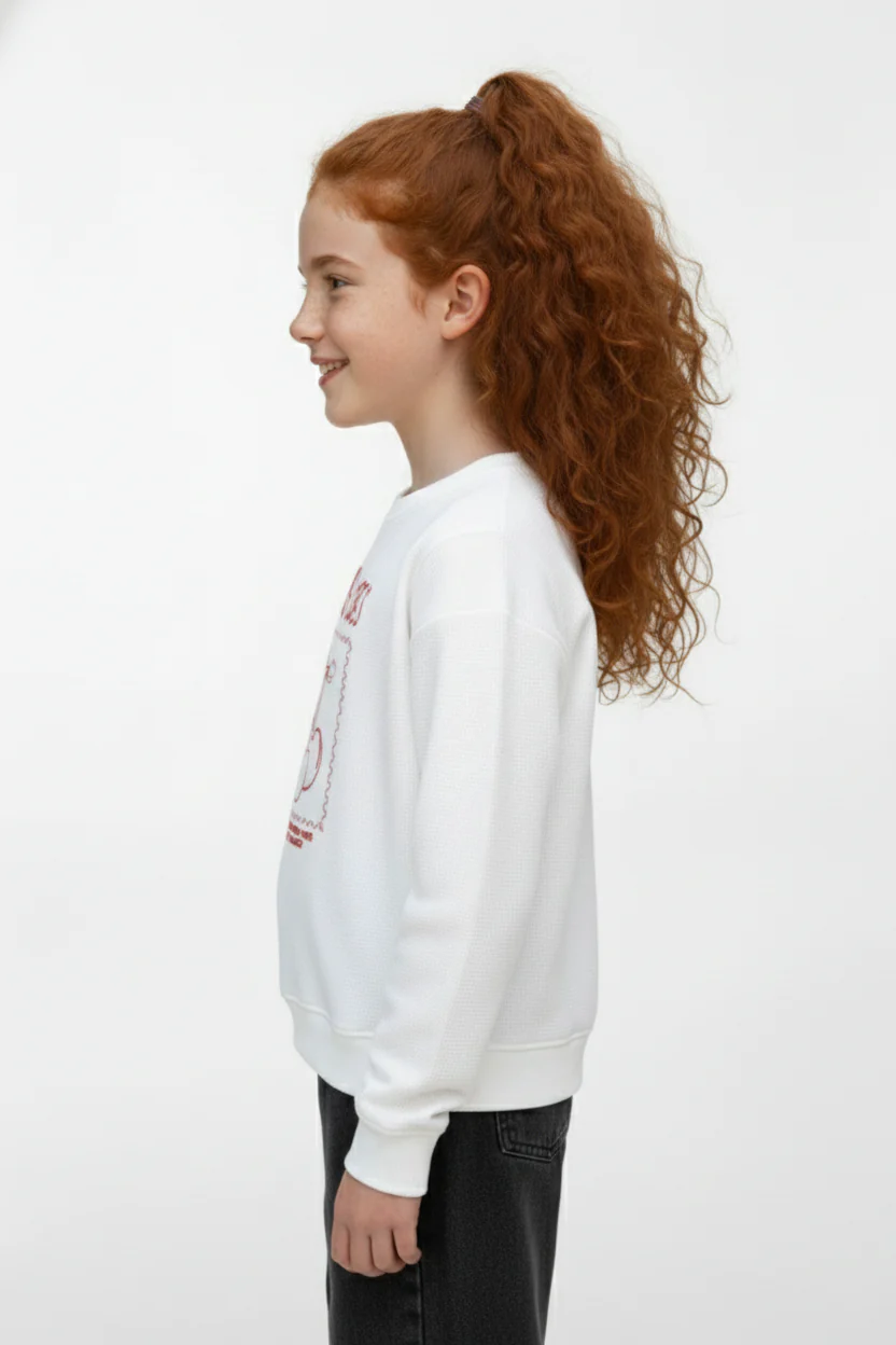 Girl's Long Sleeve Front Print Detail Round Neckline Comfortable Melton Sweatshirt - Image 10