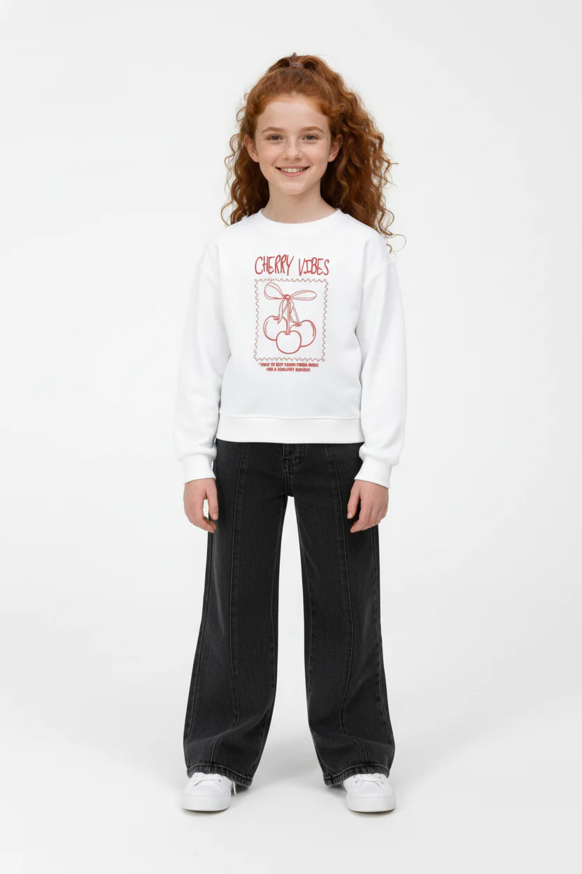 Girl's Long Sleeve Front Print Detail Round Neckline Comfortable Melton Sweatshirt - Image 11