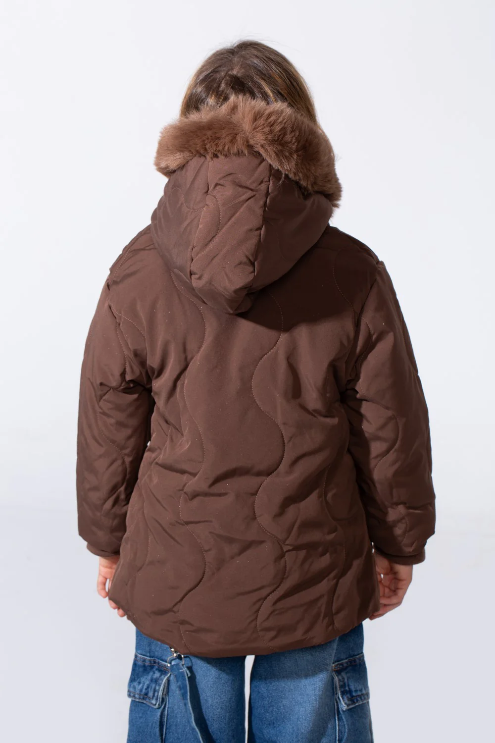 Girl's Long Sleeve Puffer Fur Hood With Textured Curved Design Full-Zip Side Pockets Waterproof Jacket - Image 8
