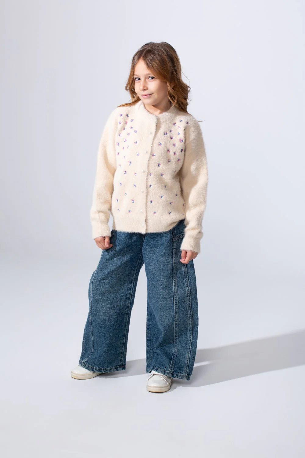 Girl's long Sleeve Round Neck Adorned With Flores Pattern Pearl Button Down Slim Fit Luxurious Knit Warmth Pullover - Image 3