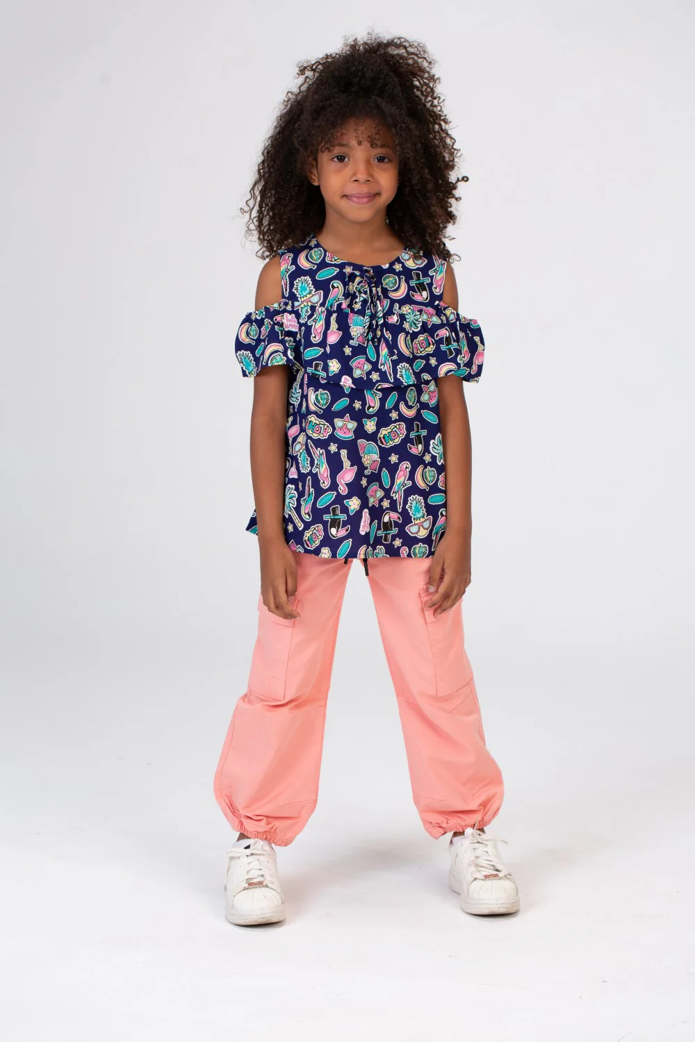 Girls Off Shoulders Blouse Printed In Navy Blue