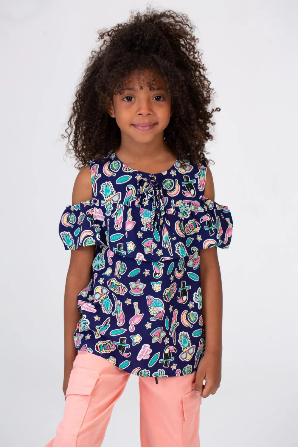 Girls Off Shoulders Blouse Printed In Navy Blue - Image 3
