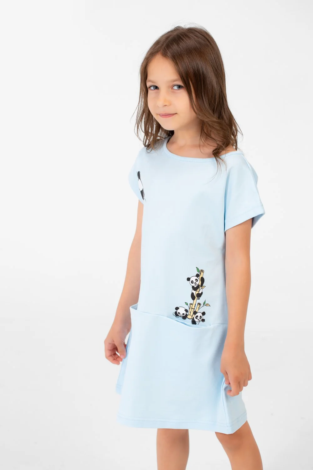 Girl's Panda Print Front Pockets Round Neck Short Sleeves Dress - Image 3