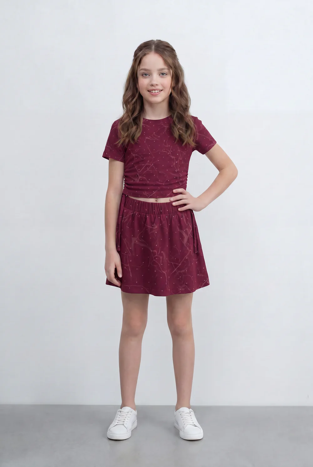 Girl's Tomato Store Printed Co-Ord Set Featuring A Short Sleeve Crop Top Side Tie Details Outfit - Image 5