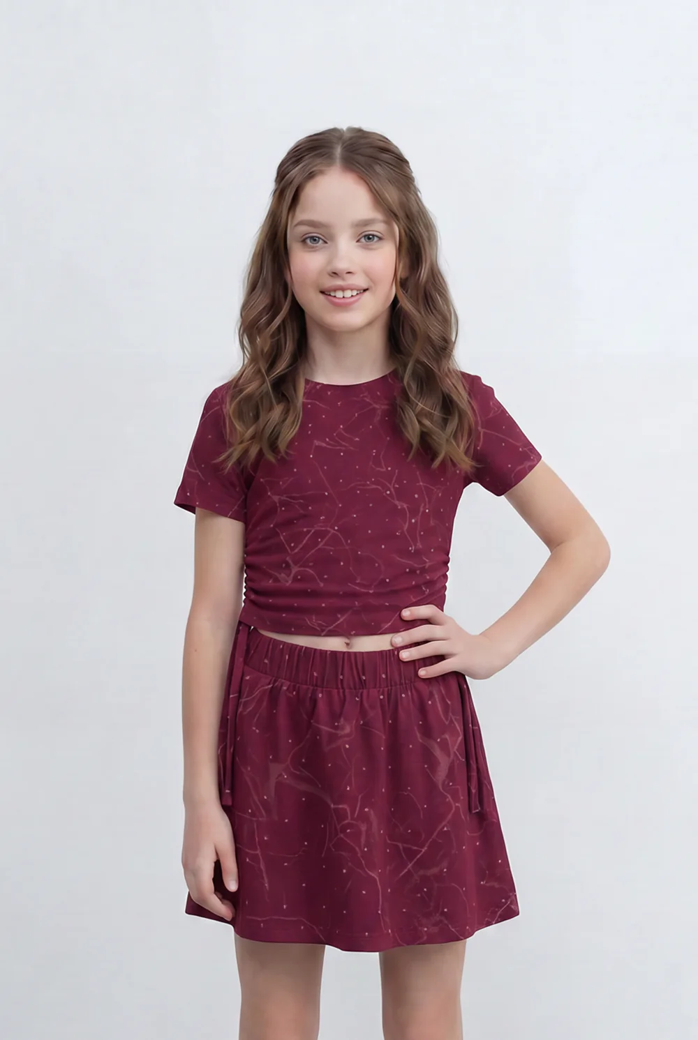 Girl's Tomato Store Printed Co-Ord Set Featuring A Short Sleeve Crop Top Side Tie Details Outfit - Image 7