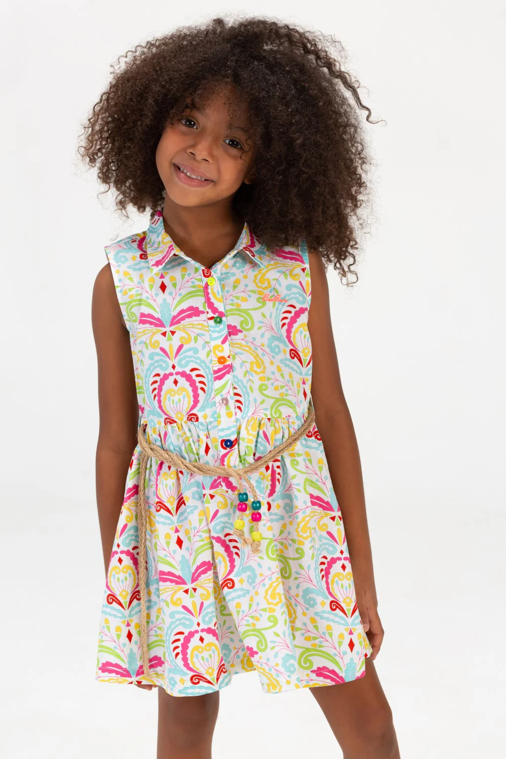 Girls Printed Dress With Front Buttons And A Waist Belt Fushia - Image 3