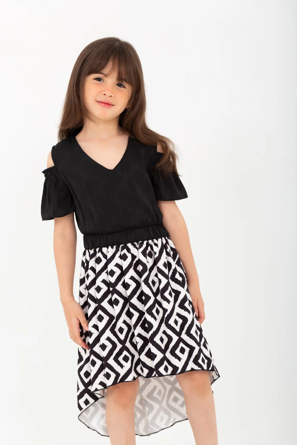 Girls Printed v-neck long from the back dress - Image 3