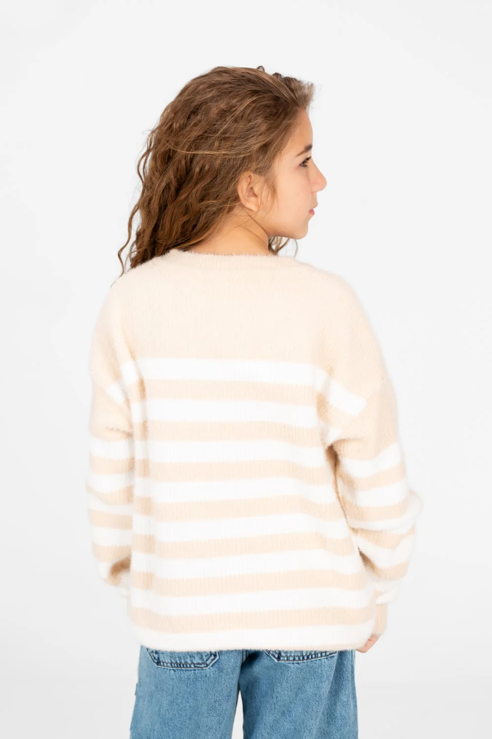 Girl's Round Neck Long Sleeves Striped Jakar Pullover Sweater - Image 10