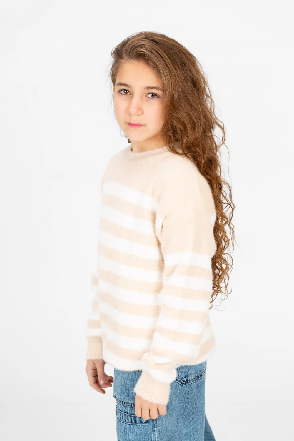 Girl's Round Neck Long Sleeves Striped Jakar Pullover Sweater - Image 11