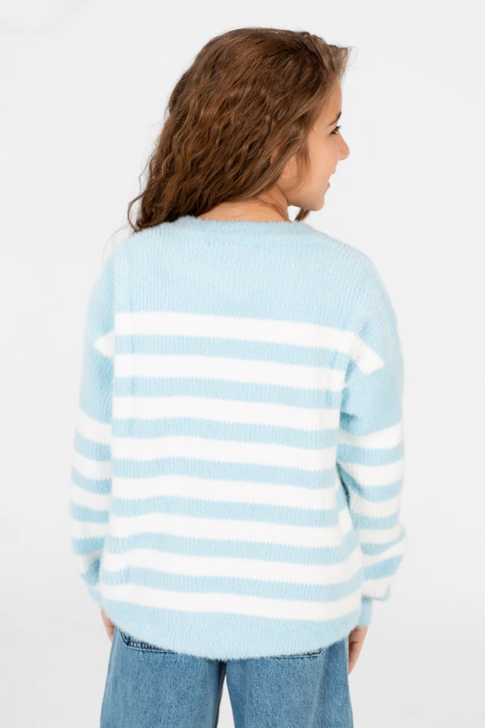 Girl's Round Neck Long Sleeves Striped Jakar Pullover Sweater - Image 2