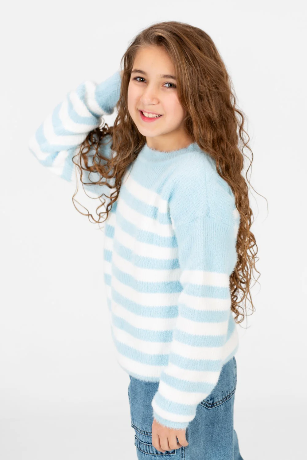 Girl's Round Neck Long Sleeves Striped Jakar Pullover Sweater - Image 3