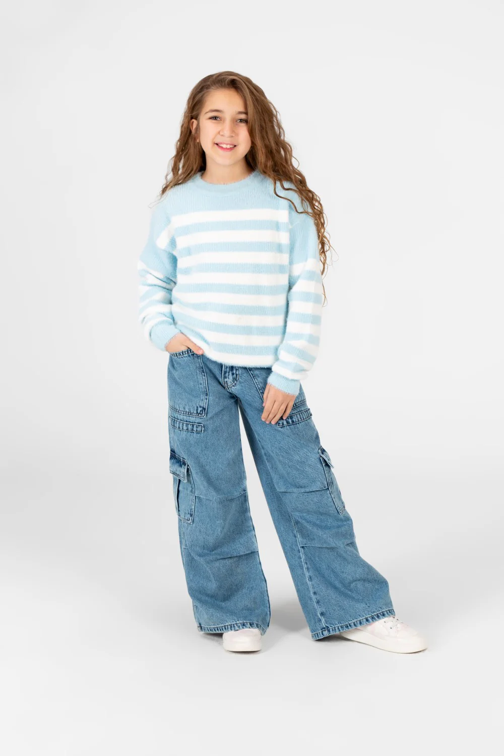 Girl's Round Neck Long Sleeves Striped Jakar Pullover Sweater - Image 4