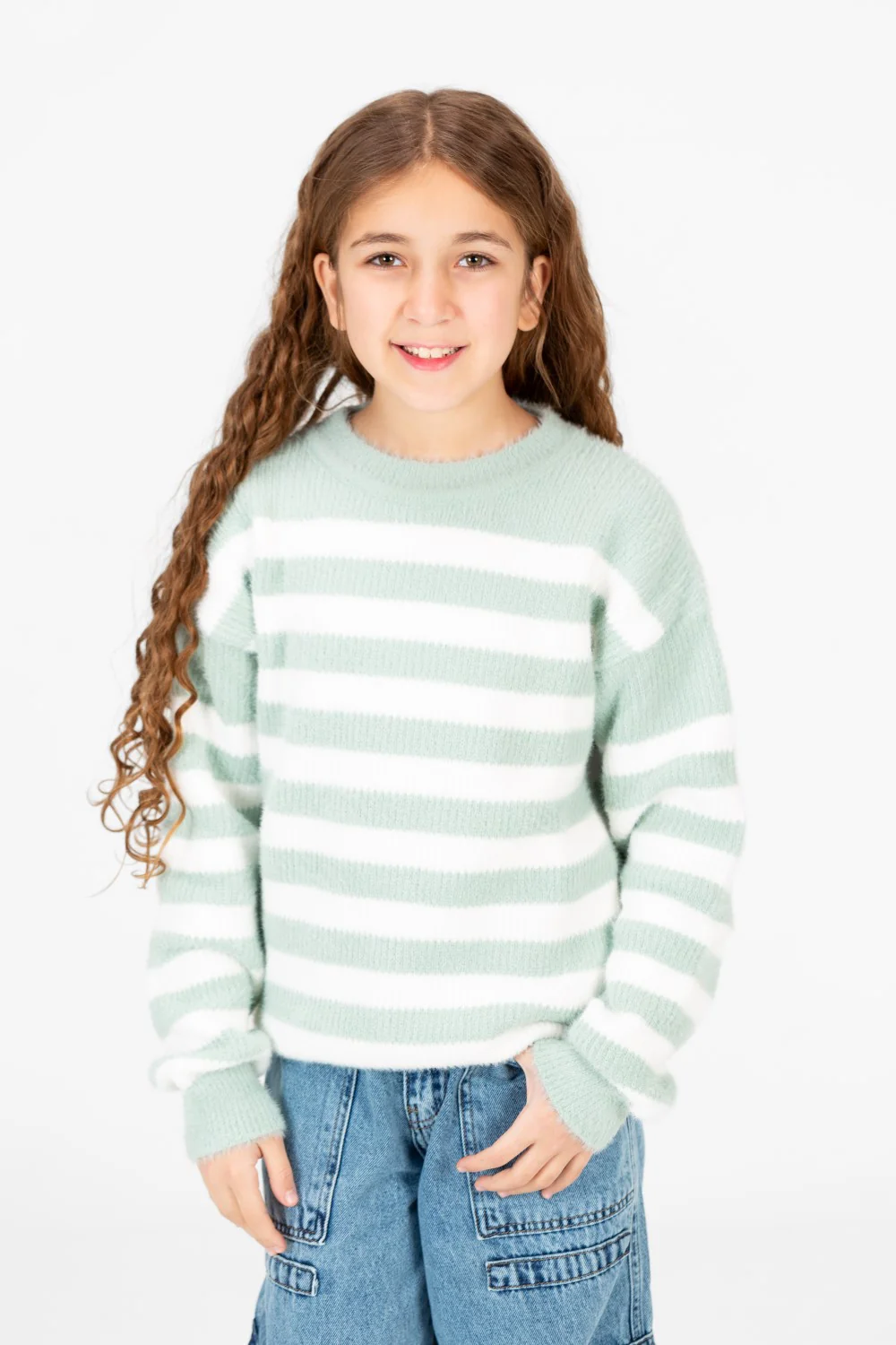 Girl's Round Neck Long Sleeves Striped Jakar Pullover Sweater - Image 5