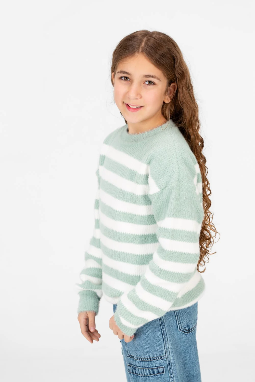 Girl's Round Neck Long Sleeves Striped Jakar Pullover Sweater - Image 7