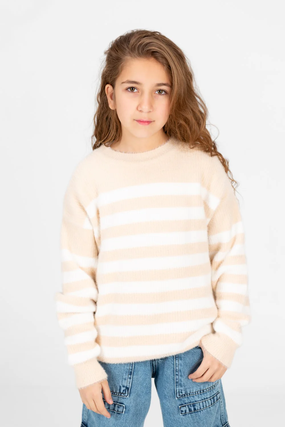 Girl's Round Neck Long Sleeves Striped Jakar Pullover Sweater - Image 9