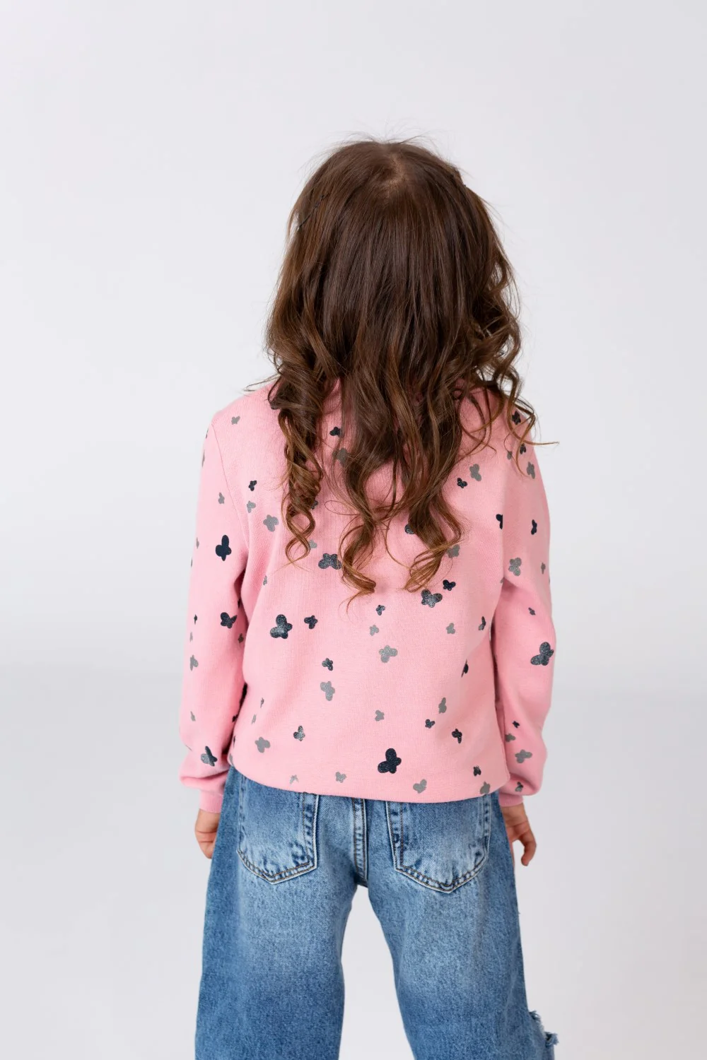 Girl's Round Neck Pullover With Buttons On The Front And A Butterflies Print - Image 5