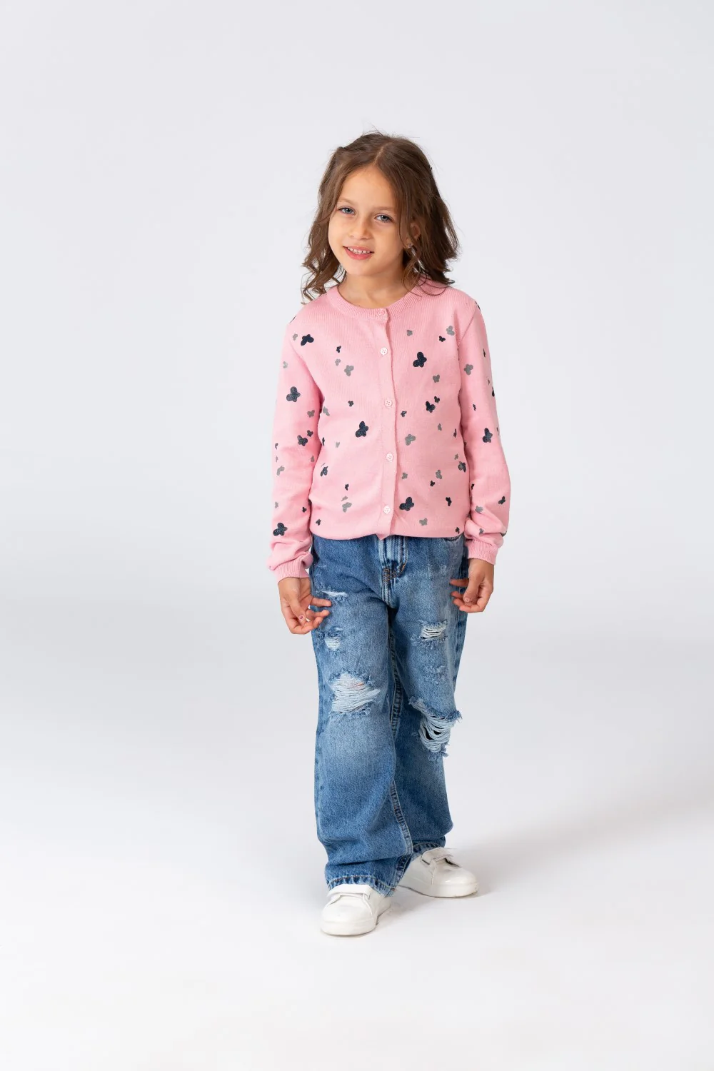 Girl's Round Neck Pullover With Buttons On The Front And A Butterflies Print - Image 6