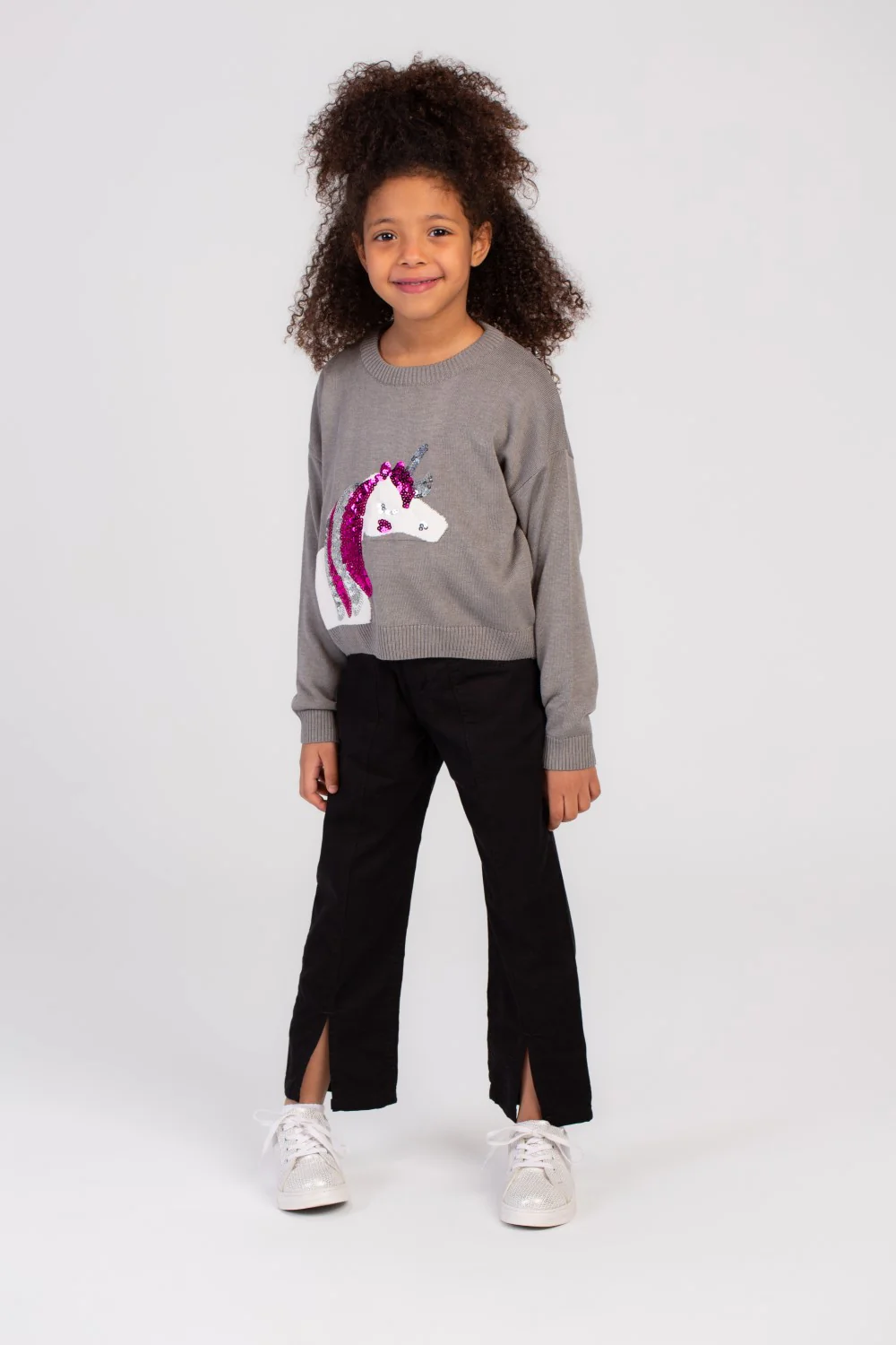 Girl's Rounded Neck Front Printed Unicorn Design Soft Wool Pullover