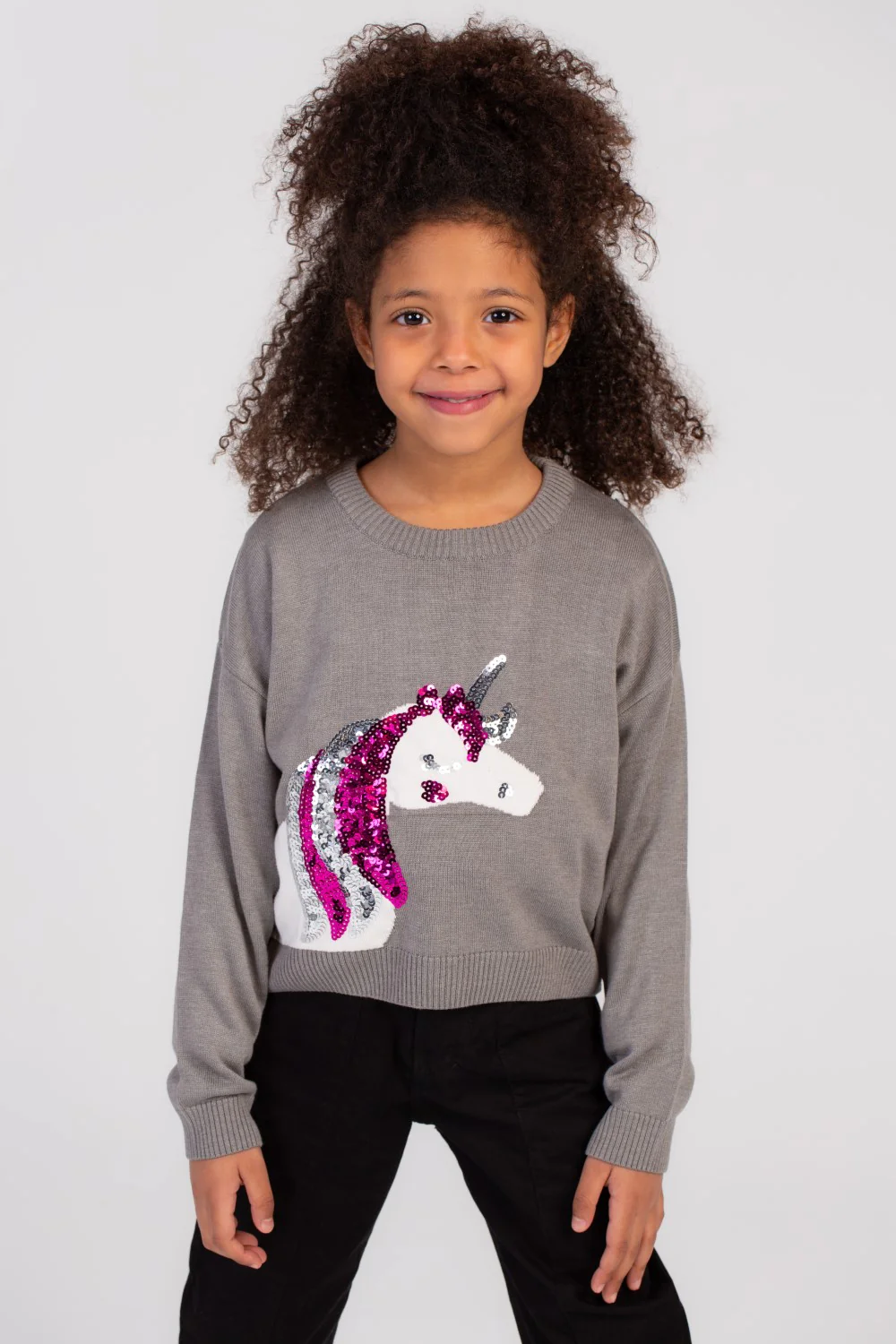 Girl's Rounded Neck Front Printed Unicorn Design Soft Wool Pullover - Image 3