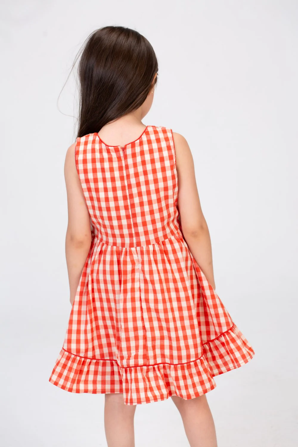 Girls Sleeveless Checkered Dress With Ruffles At The Bottom In Red - Image 2