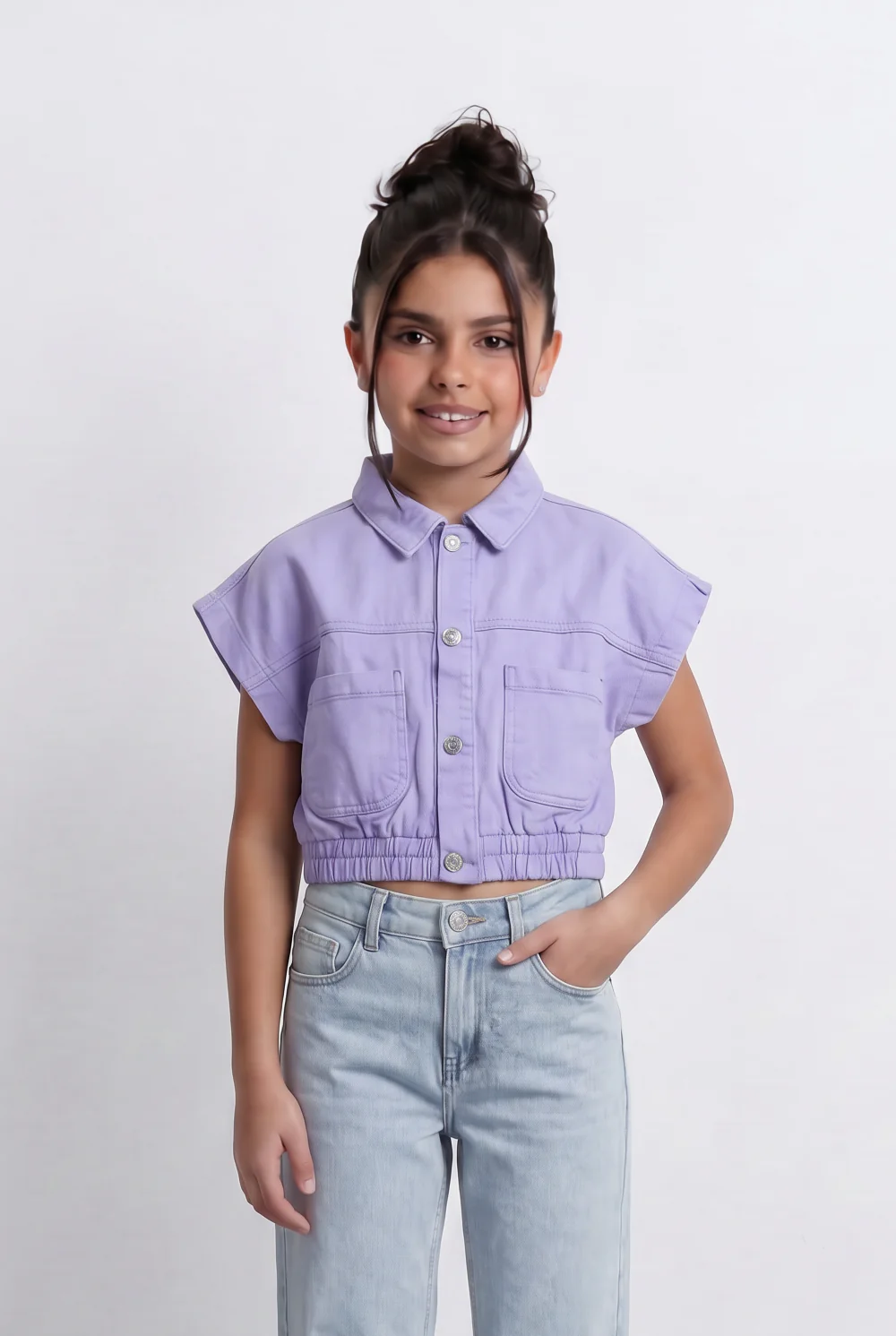 Girl's Sleeveless Cropped Jeans Vest With Elastic Hem And Boxy Design - Image 5