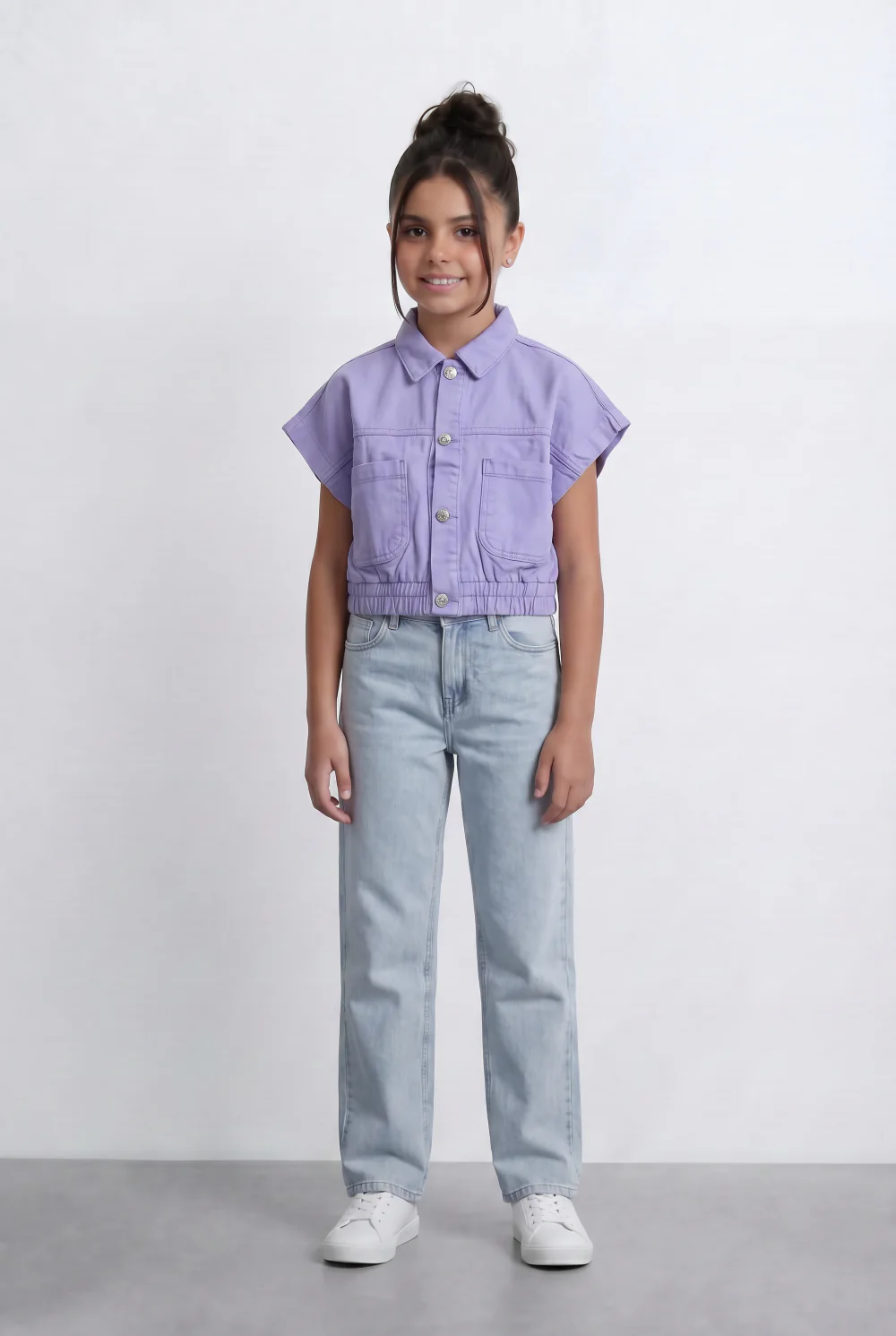 Girl's Sleeveless Cropped Jeans Vest With Elastic Hem And Boxy Design - Image 7