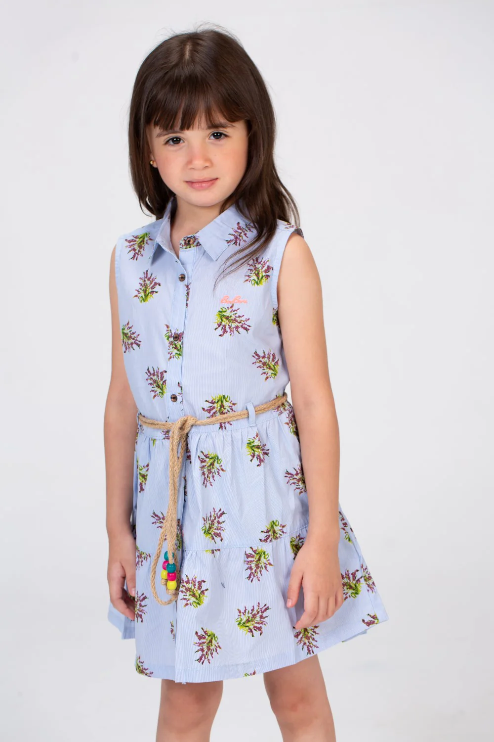 Girls Sleeveless Floral Dress With A Burlap Belt In The Middle Baby Blue - Image 3