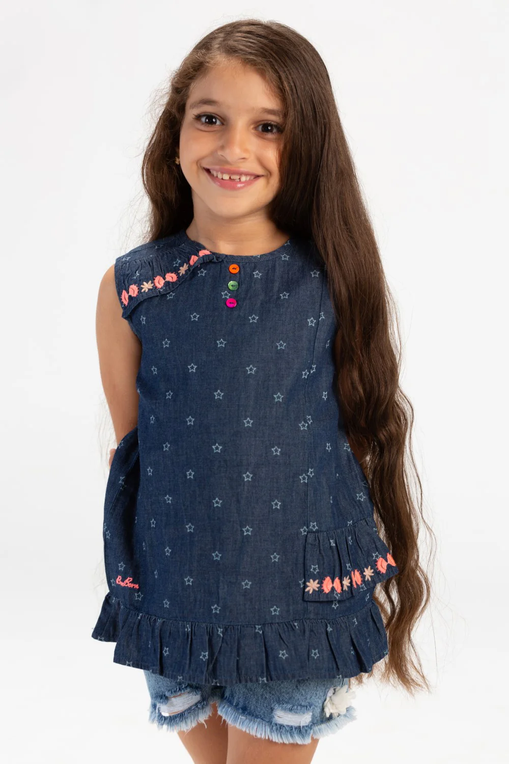Girls Sleeveless Printed Fabric Blouse With Front Buttons In Royal Blue - Image 3