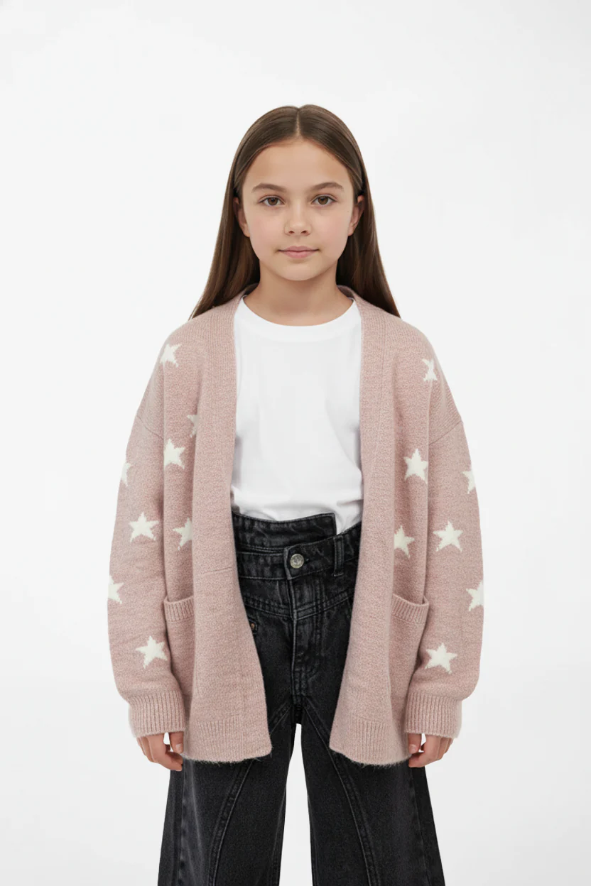 Girl's Slim Fit Knit Cardigan Pullover With A Star Print And Long Sleeves