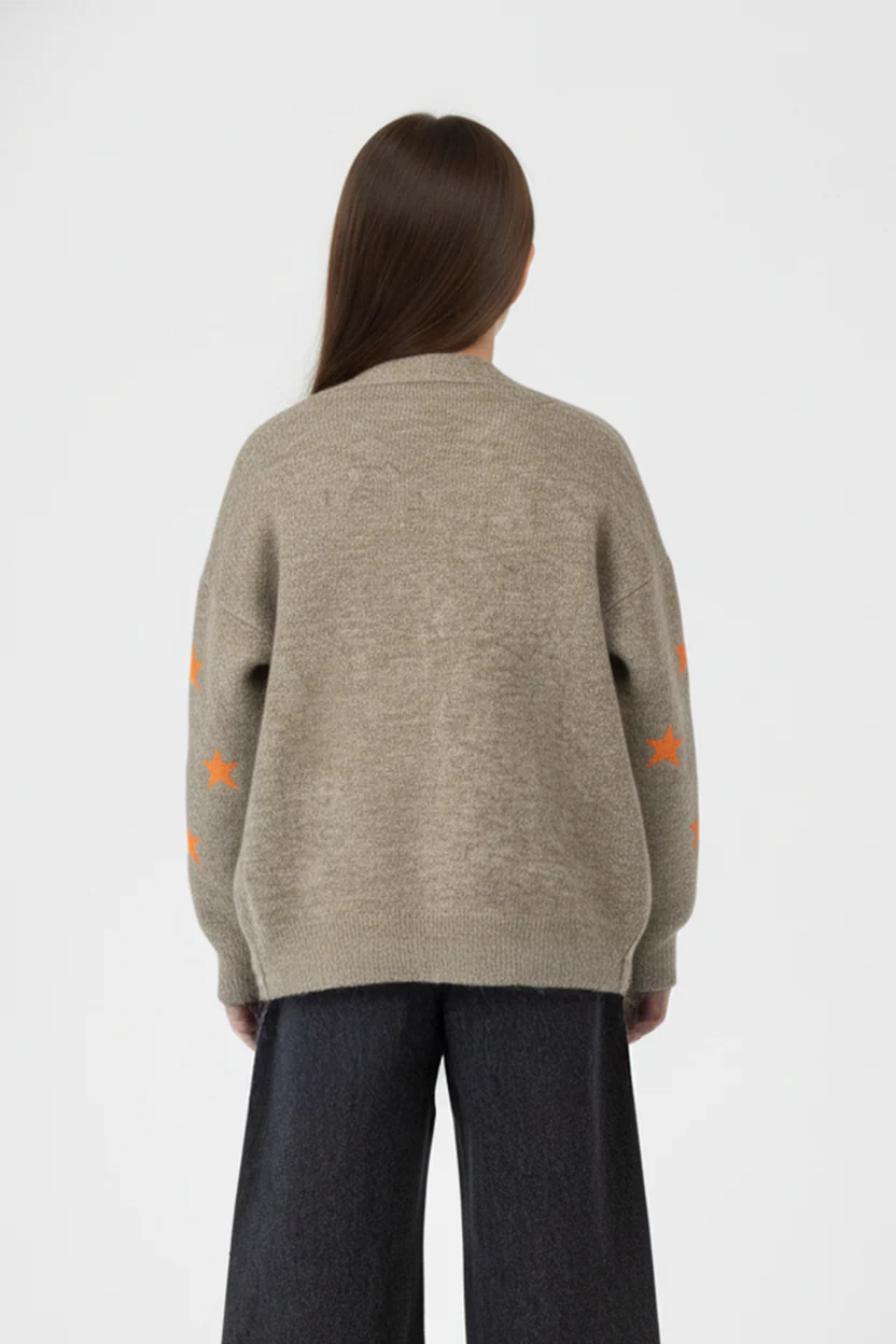 Girl's Slim Fit Knit Cardigan Pullover With A Star Print And Long Sleeves - Image 10