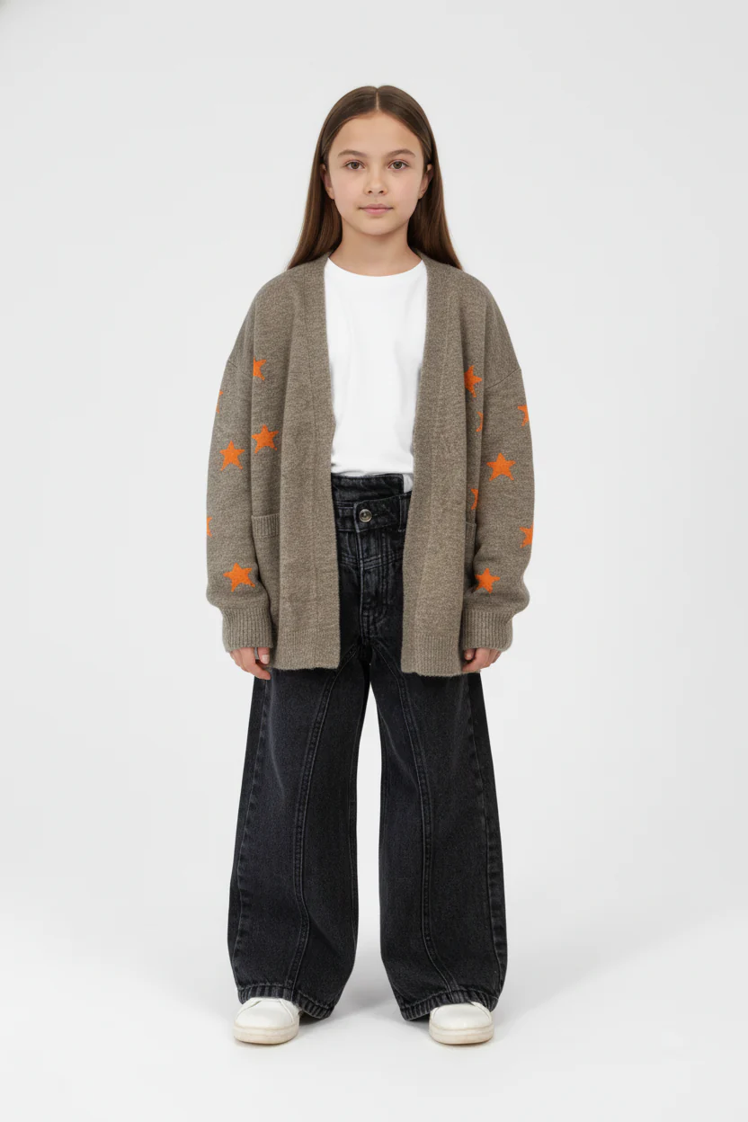 Girl's Slim Fit Knit Cardigan Pullover With A Star Print And Long Sleeves - Image 12