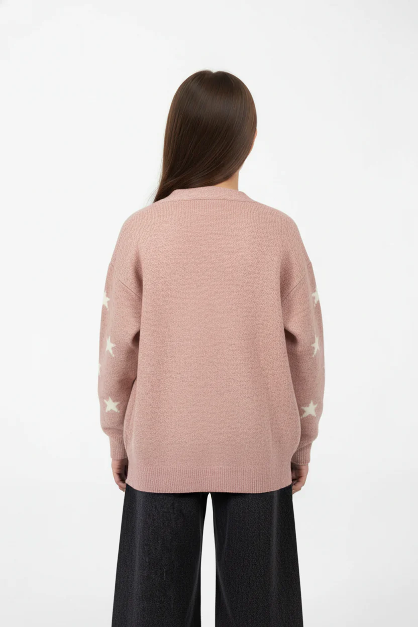 Girl's Slim Fit Knit Cardigan Pullover With A Star Print And Long Sleeves - Image 2
