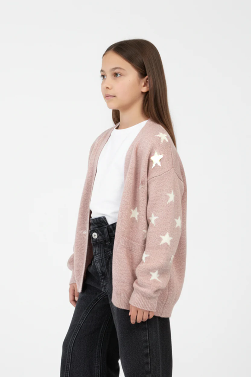 Girl's Slim Fit Knit Cardigan Pullover With A Star Print And Long Sleeves - Image 3