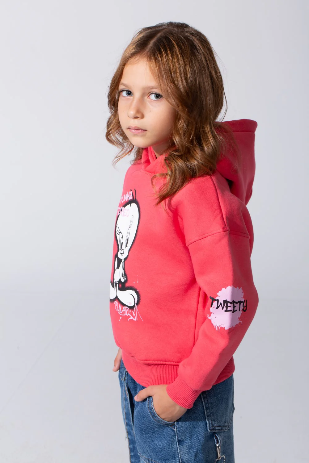 Girl's Slim Fit Melton Hoodie Sweatshirt With Long Sleeves And Front Print - Image 3