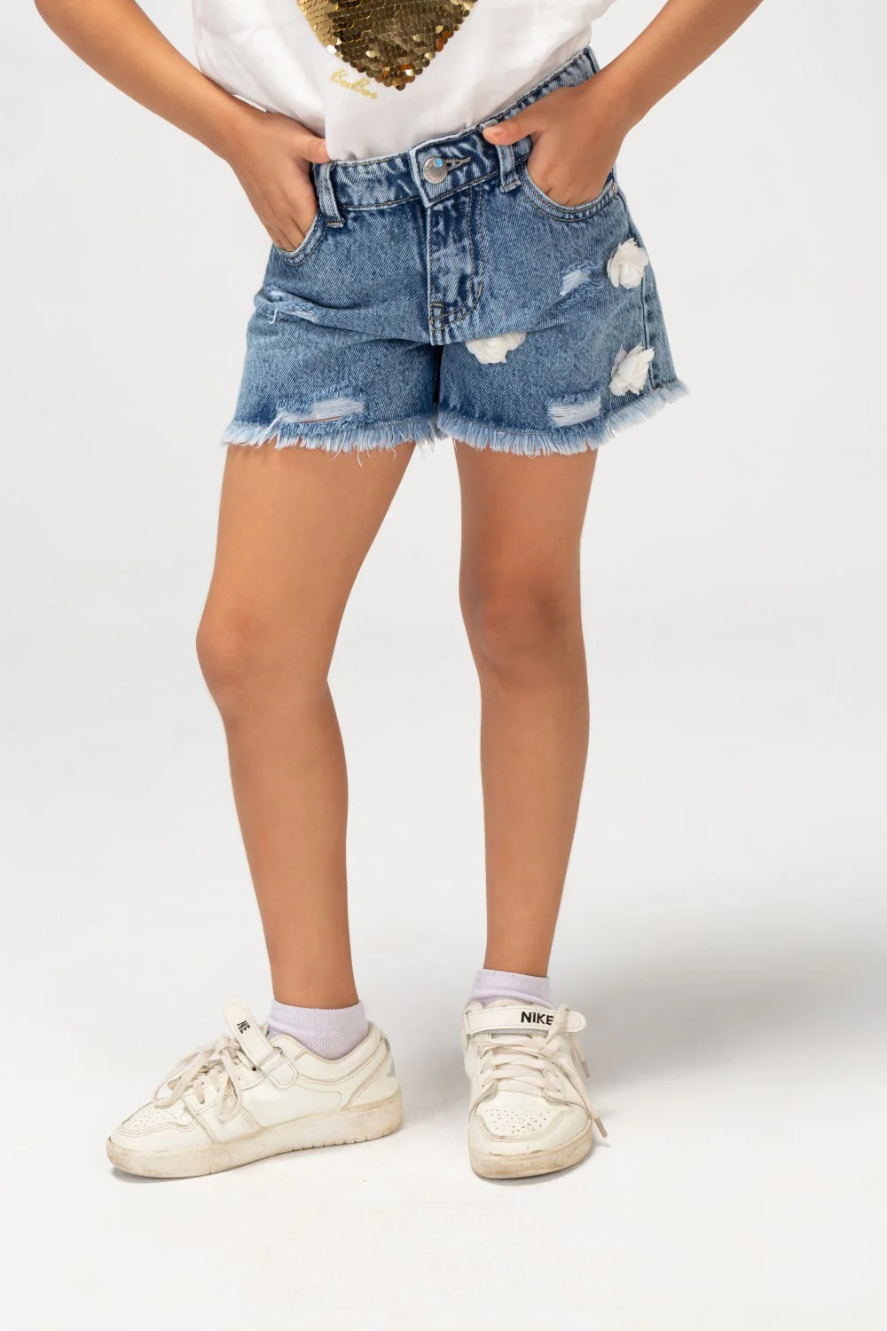 Girls Slouchy Five Pockets Denim Cuting Shorts - Image 3