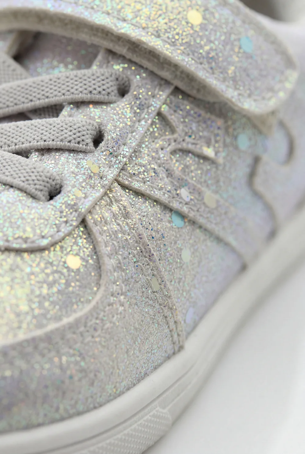Girl's Sneakers Stunning Iridescent Glitter Textured Material Vibrant Needlework Hook And Loop Strap White Rubber Sole Shoes - Image 3