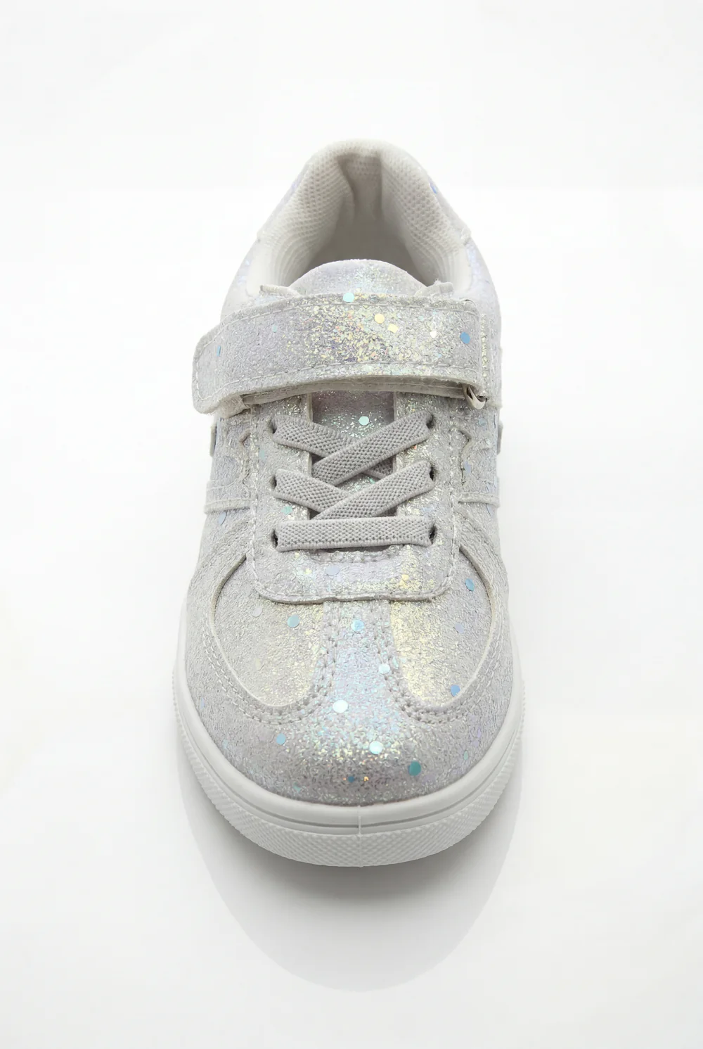 Girl's Sneakers Stunning Iridescent Glitter Textured Material Vibrant Needlework Hook And Loop Strap White Rubber Sole Shoes - Image 4