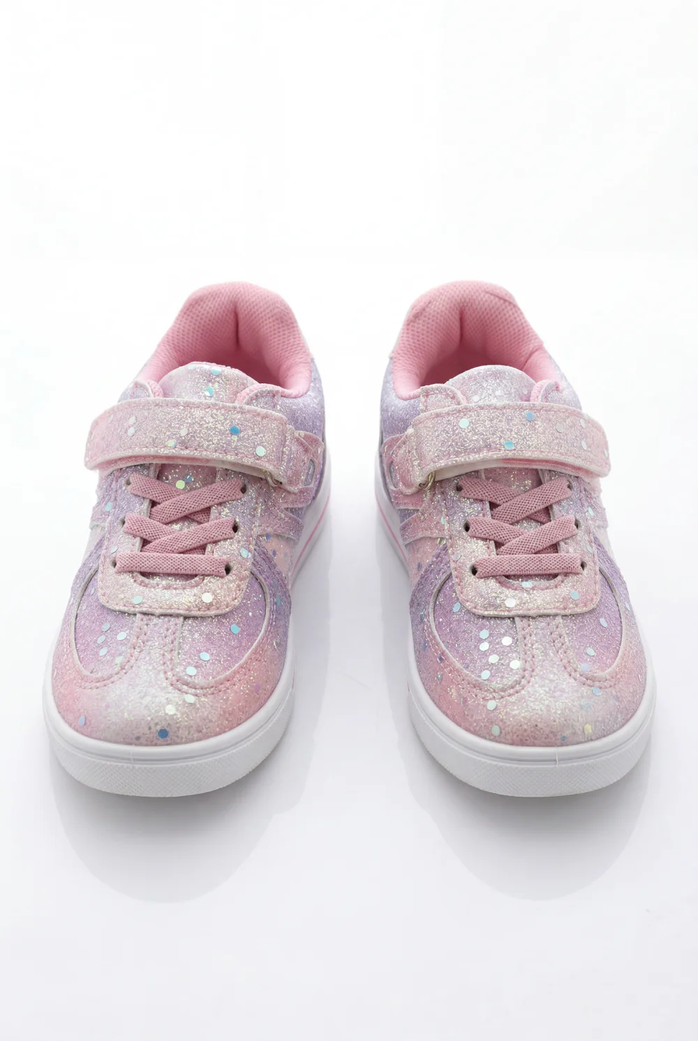 Girl's Sneakers Stunning Iridescent Glitter Textured Material Vibrant Needlework Hook And Loop Strap White Rubber Sole Shoes - Image 5
