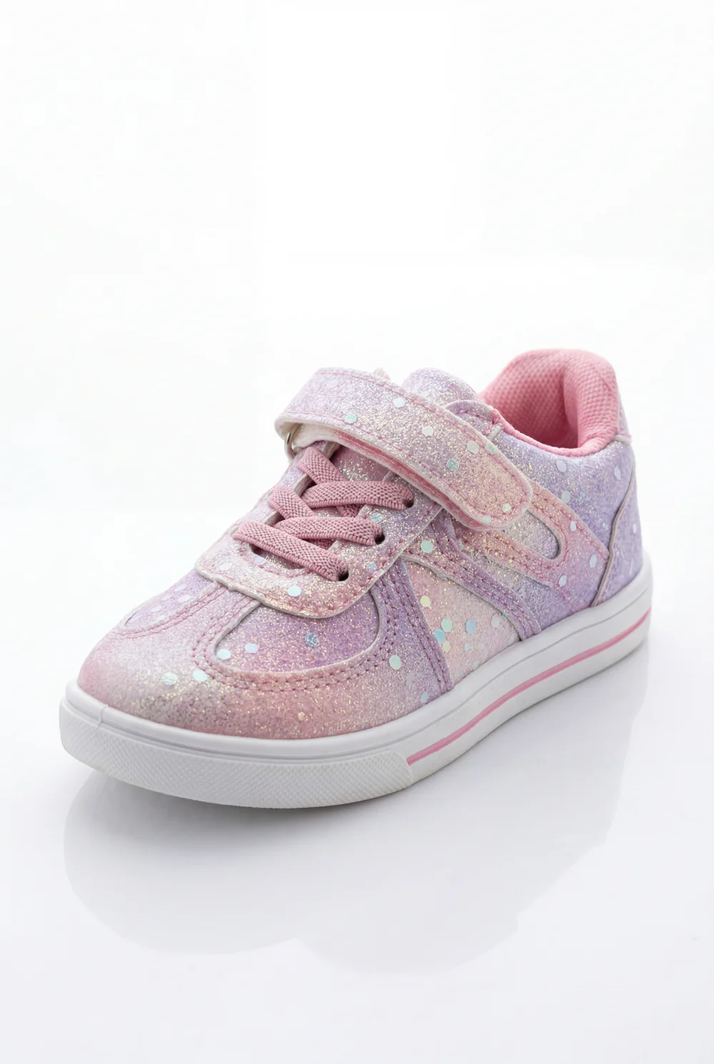 Girl's Sneakers Stunning Iridescent Glitter Textured Material Vibrant Needlework Hook And Loop Strap White Rubber Sole Shoes - Image 6