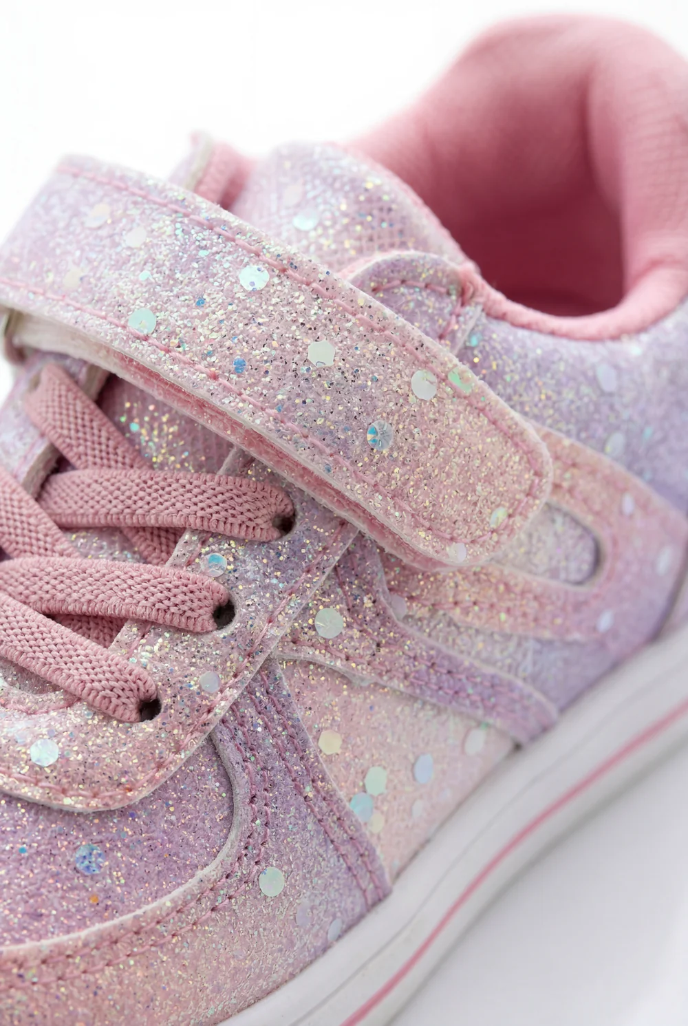 Girl's Sneakers Stunning Iridescent Glitter Textured Material Vibrant Needlework Hook And Loop Strap White Rubber Sole Shoes - Image 7
