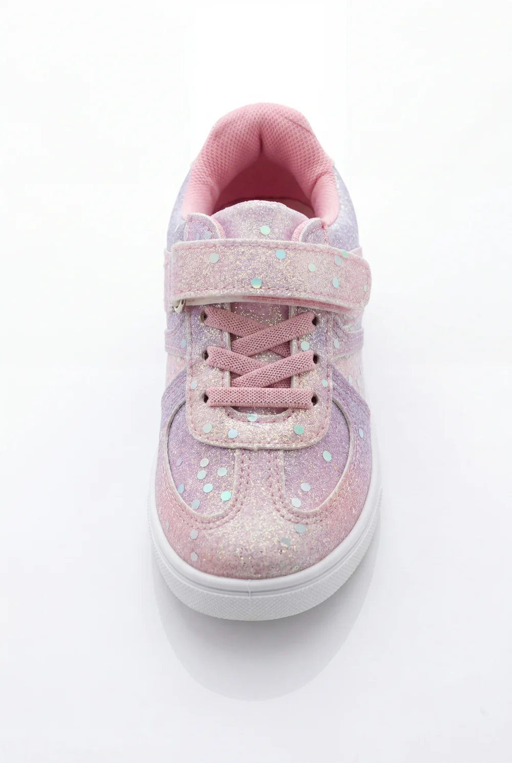Girl's Sneakers Stunning Iridescent Glitter Textured Material Vibrant Needlework Hook And Loop Strap White Rubber Sole Shoes - Image 8